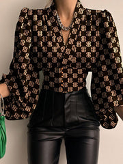 Allover Print Button Front Lantern Sleeve Blouse