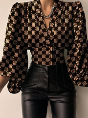 Allover Print Button Front Lantern Sleeve Blouse