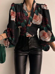 Allover Print Button Front Lantern Sleeve Blouse