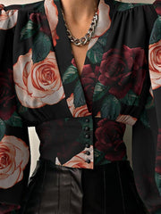 Allover Print Button Front Lantern Sleeve Blouse