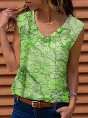 Women v neck map printed sleeveless shirts fashion vests