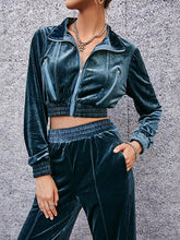 Solid Velvet Zip Up Jacket & Pants Set
