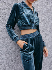 Solid Velvet Zip Up Jacket & Pants Set