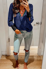 Casual Leopard Split Joint V Neck Tops