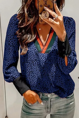 Casual Leopard Split Joint V Neck Tops