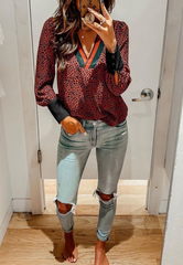 Casual Leopard Split Joint V Neck Tops