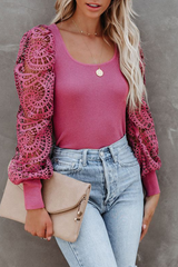 Casual Solid Lace U Neck T-shirts