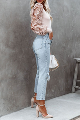 Casual Solid Lace U Neck T-shirts