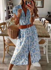 Fashion Print Round neck Short sleeve Belt Maxi Dresses