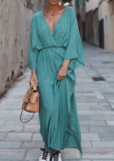 Casual Print Patchwork V Neck Waist Maxi Dresses