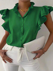 Button Front Flounce Sleeve Blouse