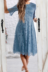 Casual Solid Lace O Neck Cake Skirt Skater Dresses