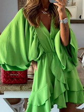 Casual Solid Split Joint V Neck Cake Skirt Dresses(4 colors)