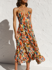 Fashion Print Split Joint Spaghetti Strap Cake Skirt Dresses Skater Dresses