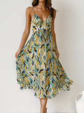 Fashion Print Split Joint Spaghetti Strap Cake Skirt Dresses Skater Dresses