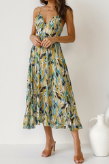 Fashion Print Split Joint Spaghetti Strap Cake Skirt Dresses Skater Dresses