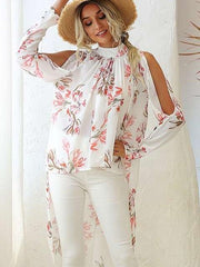 Fashion Print Off shoulder Long sleeve Stand collar Irregular Blouses