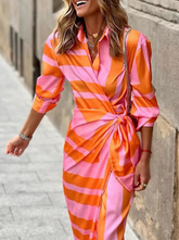 Fashion Print Split Joint Turndown Collar Shirt Dress Maxi Dresses