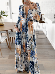 Fashion Print Backless V Neck Waist Skirt Dresses