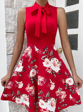 Fashion Print Bandage O Neck Cake Skirt Dresses Skater Dresses