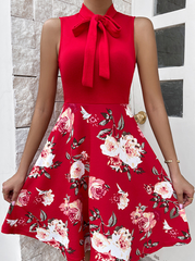 Fashion Print Bandage O Neck Cake Skirt Dresses Skater Dresses