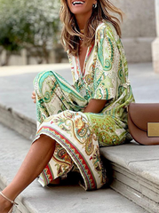 Fashion Print Split Joint V Neck Straight Dresses