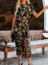 Fashion Print Slit O Neck Irregular Dress Maxi Dresses