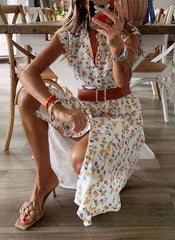 Fashion Print Round neck Short sleeve Belt Maxi Dresses