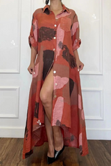 Casual Print Split Joint Turndown Collar Shirt Dress Dresses(4 colors)