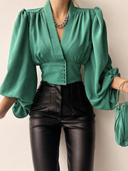 Allover Print Button Front Lantern Sleeve Blouse