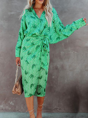 Casual Print Split Joint Turndown Collar Shirt Dress Bodycon Dresses