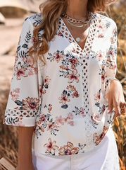 Casual Print Split Joint V Neck Tops Blouses