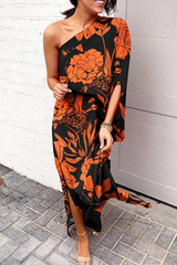 Casual Print One Shoulder Waist Skirt Dresses Maxi Dresses (5 Colors)