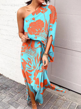 Casual Print One Shoulder Waist Skirt Dresses Maxi Dresses (5 Colors)