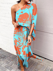 Casual Print One Shoulder Waist Skirt Dresses Maxi Dresses (5 Colors)