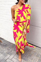 Casual Print One Shoulder Waist Skirt Dresses Maxi Dresses (5 Colors)