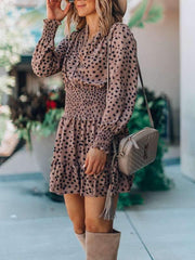 Women v neck leopard printed long sleeve skater dresses