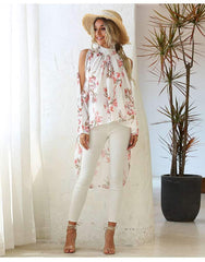 Fashion Print Off shoulder Long sleeve Stand collar Irregular Blouses
