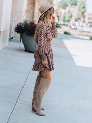 Women v neck leopard printed long sleeve skater dresses