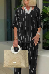 Casual Print Patchwork O Neck Short Sleeve Two Pieces