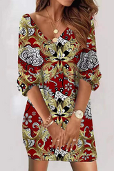 Casual Print Patchwork V Neck Straight Dresses