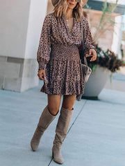 Women v neck leopard printed long sleeve skater dresses