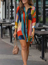 Fashion Casual Geometric Printing Shirt Collar Shirt Dress Shift Dresses