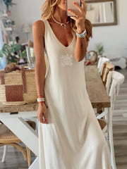 White V Neck Abstract Cotton Sleeveless Dresses