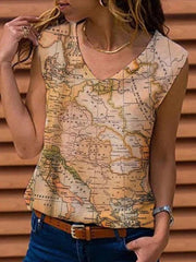 Women v neck map printed sleeveless shirts fashion vests