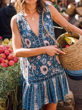 Casual Print V neck Sleeveless Falbala Shift Dresses