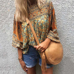 Casual Loose Retro print Round neck Long sleeve T-Shirts