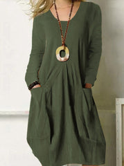 Fashion Casual Solid Pocket O Neck Long Sleeve Dresses(4 Colors)