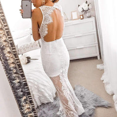 Sexy Lace V neck Backless Grenadine Fishtail Evening Dresses