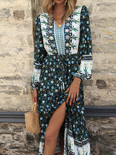 Fashion Print Frenulum V Neck A Line Dresses